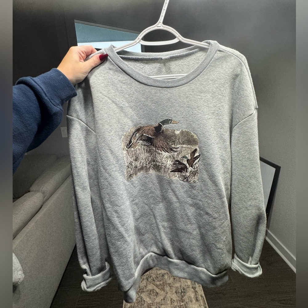Gray Sweatshirt with Duck Embroidery